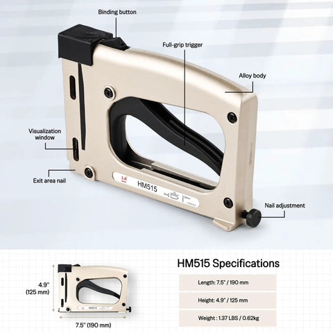 Point Driver HM515 Manual Framing Tool with 1000 Flexible Nails for Picture Frames and DIY Crafts, side view with features labeled
