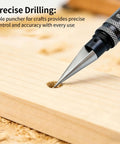 Adjustable 0-14mm Manual Hole Punch Tool For Woodworking And Metalworking, Precise Reamer Drill in use on wood surface, close-up view.