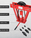 12 Ton Manual Hydraulic Pipe Bender With Six Dies And Adjustable Rollers for 90-180 Degree Bends, showing hydraulic jack and safety valve