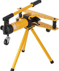 Mechanical and manual hydraulic pipe bender for 13mm to 34mm pipes with die set, yellow frame, on tripod stand.