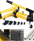 Heavy Duty Manual Hydraulic Pipe Bender with six dies for 22 to 60 mm pipes, 16 ton output, shown with handle and accessories