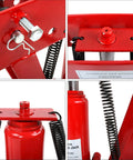 Close-up of 12 Ton Manual Hydraulic Pipe Bender components, showcasing spring mechanism and red steel construction for tube fabrication.