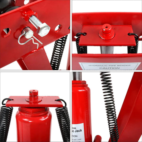 Close-up of 12 Ton Manual Hydraulic Pipe Bender components, showcasing spring mechanism and red steel construction for tube fabrication.