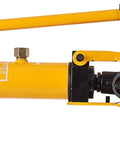 Mechanical And Manual Hydraulic Pipe Bender For 13mm To 34mm Pipes With Die Set shown in bright yellow with wheels