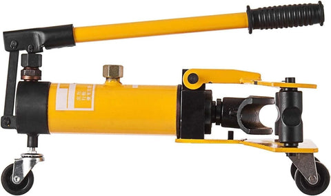 Mechanical And Manual Hydraulic Pipe Bender For 13mm To 34mm Pipes With Die Set shown in bright yellow with wheels