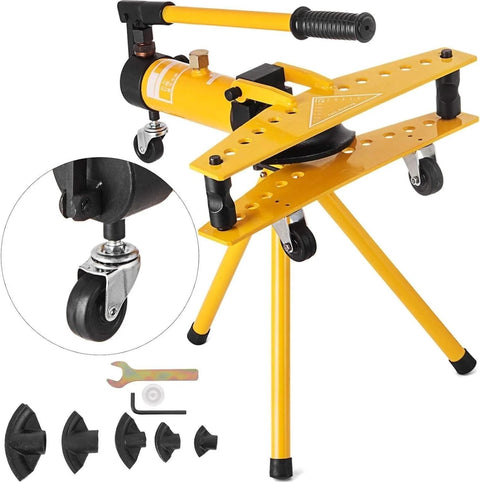 Mechanical and manual hydraulic pipe bender for 13mm to 34mm pipes with die set, showing yellow frame and wheel detail.