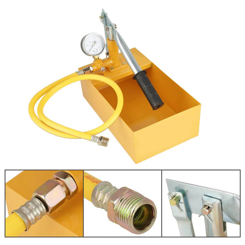 Hydraulic Pressure Test Pump, 2.5Mpa 25KG Manual Hydraulic Water Pressure Test Pump, Pipeline Tester Tool, yellow pump with hose and gauge