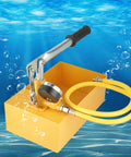 Hydraulic Pressure Test Pump, 2.5Mpa 25KG Manual Hydraulic Water Pressure Test Pump with yellow hose and large dial, underwater view.