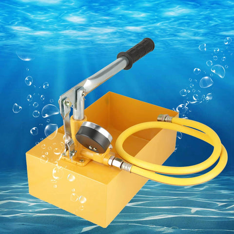 Hydraulic Pressure Test Pump, 2.5Mpa 25KG Manual Hydraulic Water Pressure Test Pump with yellow hose and large dial, underwater view.