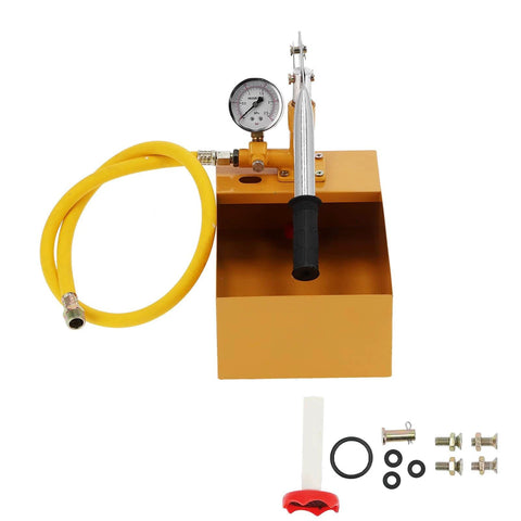 362 PSI Pressure Test Pump, Hydraulic Manual Water Pressure Tester Kit with Gauge, showing pump, yellow hose, and accessories