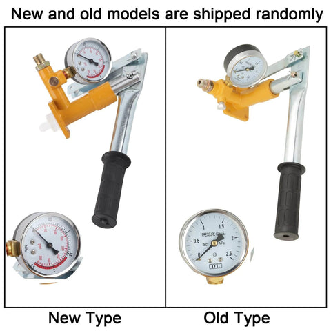 Hydraulic Pressure Test Pump, 2.5Mpa 25KG Manual Hydraulic Water Pressure Test Pump, new and old models side by side.