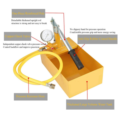 Hydraulic Pressure Test Pump, 2.5Mpa 25KG Manual Hydraulic Water Pressure Test Pump with reinforced pole, copper check valve, and anti-slip handle