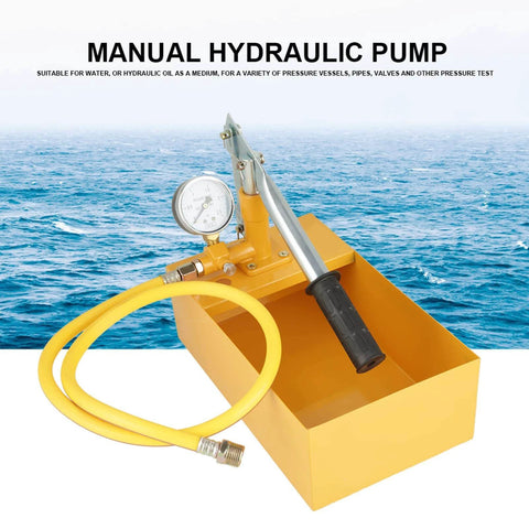 Hydraulic Pressure Test Pump, 2.5Mpa 25KG Manual Hydraulic Water Pressure Test Pump with yellow hose and gauge.