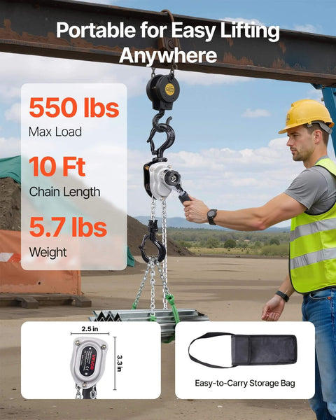 Manual Lever Chain Hoist 0.25 Ton Heavy Duty Come Along 10ft G80 Chain Dual Pawl Brake 360 Degree Hooks For Warehouse