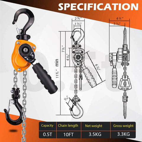 Manual Lever Chain Hoist Half Ton 1100 Lbs Come Along With G80 Chain And Swivel Hook 10 Ft Lifting Tool For Warehouse, specifications view