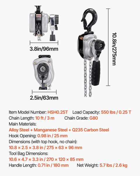 Manual Lever Chain Hoist 0.25 Ton Heavy Duty Come Along 10ft G80 Chain dual pawl brake with 360 degree hooks featured