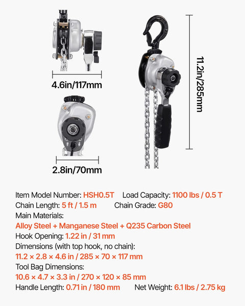 Manual Lever Chain Hoist Half Ton Capacity 1100 Lbs 10 Ft Lift G80 Chain Dual Pawl Brake 360 Degree Hooks with specifications