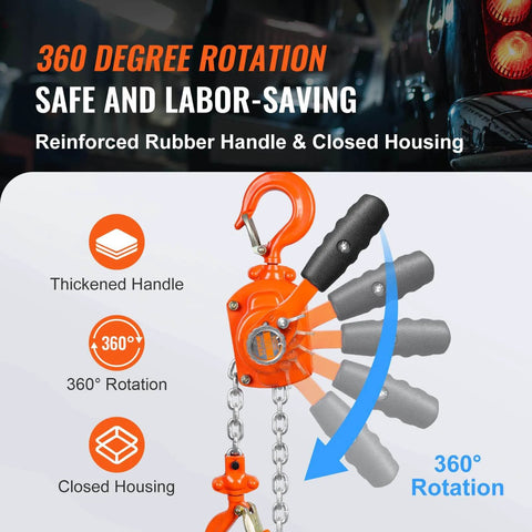 Manual Lever Chain Hoist 1/2 Ton 1100 Lbs Capacity 5 Ft Come Along G80 Galvanized Dual Pawl Brake 360 Degree Hook display features
