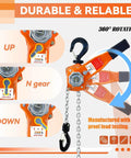 Lever Chain Hoist 1650 Lbs Capacity 10 Ft Manual Ratchet Chain Puller With Two Hooks For Outdoor No Power Use showing 360° rotation and gear positions.