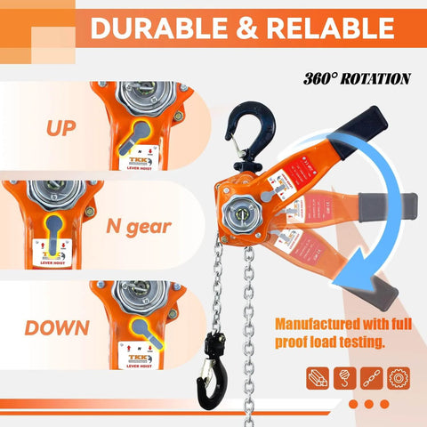 Lever Chain Hoist 1650 Lbs Capacity 10 Ft Manual Ratchet Chain Puller With Two Hooks For Outdoor No Power Use showing 360° rotation and gear positions.