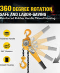 360-degree rotation of 0.75 Ton Manual Lever Chain Hoist With G80 Galvanized Carbon Steel Construction showcasing thickened handle.