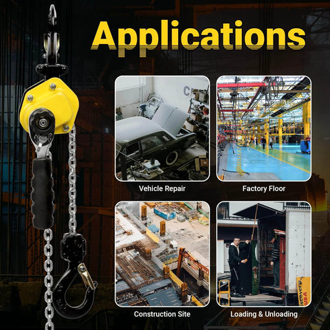 Manual Lever Chain Hoist One Quarter Ton Capacity Portable Come Along With 10 Foot Lift And G80 Chain Hook shown with usage applications.