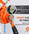 Manual Lever Chain Hoist 1/2 Ton 1100 Lbs Capacity with Dual Pawl Brake and 360 Degree Hook, showcasing brake mechanism detail.