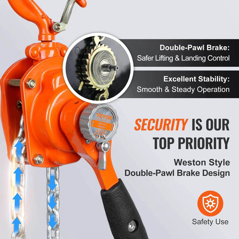 Manual Lever Chain Hoist 1/2 Ton 1100 Lbs Capacity with Dual Pawl Brake and 360 Degree Hook, showcasing brake mechanism detail.