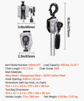Manual Lever Chain Hoist Quarter Ton 550Lb Capacity With 5 Ft Lift G80 Chain Dual Pawl Brake 360 Rotating Hooks diagram