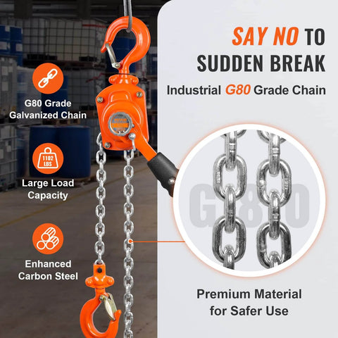 Manual Lever Chain Hoist 1/2 Ton 1100 Lbs Capacity 5 Ft Come Along G80 Galvanized Dual Pawl Brake and 360 Degree Hook details