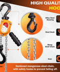 Manual Lever Chain Hoist Half Ton 1100 Lbs Come Along with G80 Chain and Swivel Hook, 10 Ft Lifting Tool, steel components highlighted