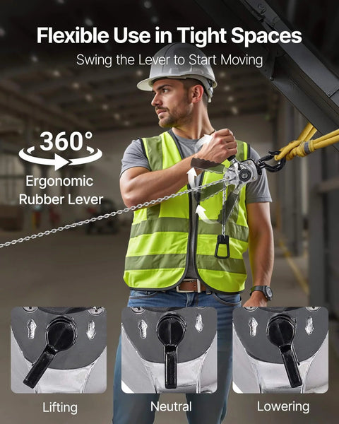 Worker using Manual Lever Chain Hoist 0.25 Ton Heavy Duty Come Along 10ft G80 Chain Dual Pawl Brake in warehouse