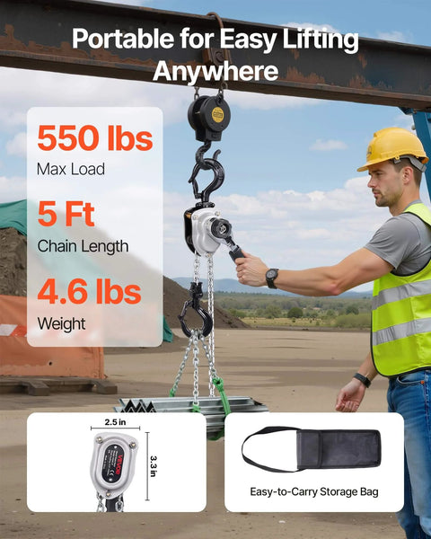 Manual Lever Chain Hoist Quarter Ton 550Lb Capacity With 5 Ft Lift G80 Chain in use at construction site, showing 360 rotating hooks.