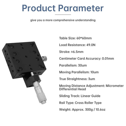 Manual Linear Stage Cross Roller X Axis Micrometer Fine Tuning Slide Table 60x60mm shown with product specifications and parameters
