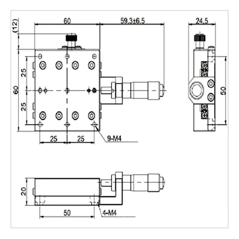 Technical drawing of ✝️ Manual Linear Stage,Cross Roller X Axis Micrometer Fine Tuning Slide Table,60x60mm Precision Optical Trimming Station.