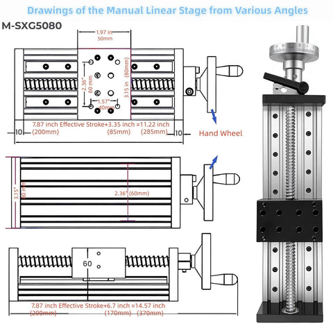 Diagram of a manual linear stage 80mm with ballscrew slide module, handwheel, ruler, and dual rail guide for CNC engraver.