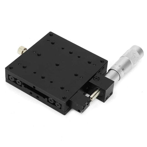 SEMX80-the Linear Step, 80x80mm X Axis Manual Precision Linear Stage shown from top angle with cross roller for CNC axis motion