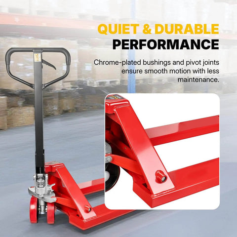 Heavy Duty Manual Pallet Jack Workhorse for industrial use with 5500 lb capacity, 48 inch by 27 inch forks, durable PU wheels