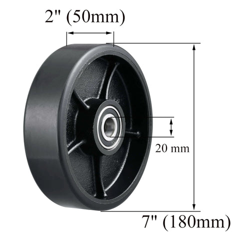 Manual pallet jack steering wheels set 7 x 2 inch with pre installed bearings, black polyurethane tread on cast iron wheel