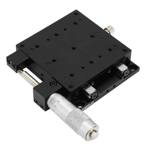SEMX80-the Linear Step, 80x80mm X Axis Manual Precision Linear Stage, black metal stage with micrometer adjustment, top view