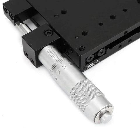 Close-up of SEMX80-the Linear Step, 80x80mm X Axis Manual Precision Linear Stage with cross roller guide and micrometer adjustment.