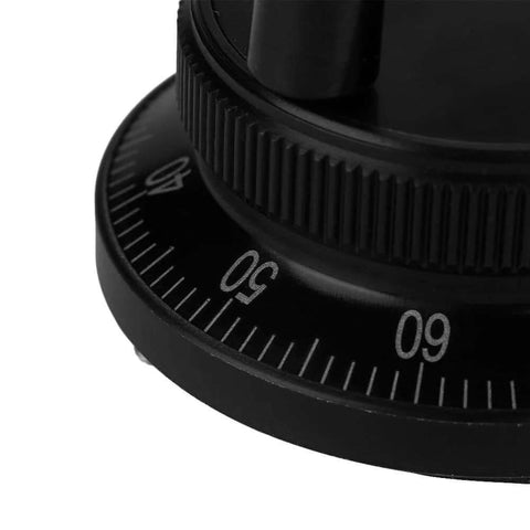 Close-up of Pro Grade Handwheel Pulse Encoder for CNC Mills and Router Control, showing black metal gear dial with 60mm diameter markers.