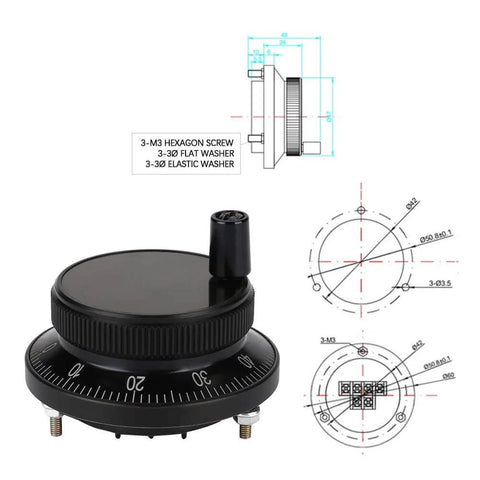 Pro Grade Handwheel Pulse Encoder For CNC Mills And Router Control, 60mm Diameter, 100PPR, 5V, Black with technical drawings
