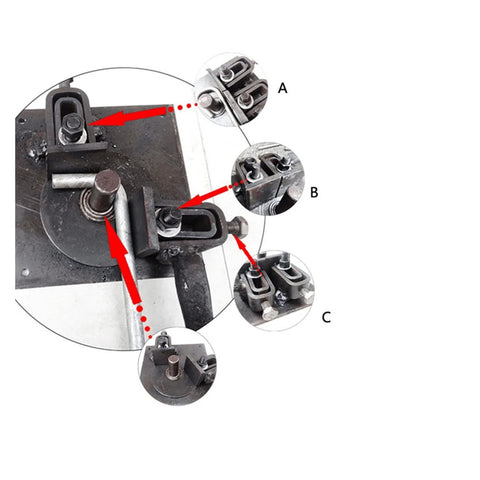Close-up of manual rebar bender and stirrup wrench components for construction sites, showcasing arc bending tool features.