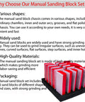 16 Piece Contoured Sanding Block Set With Interchangeable Hook And Loop Shapes featuring foam blocks in various shapes and sizes.
