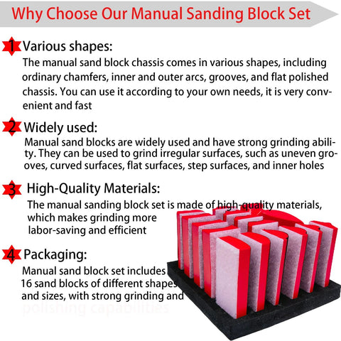16 Piece Contoured Sanding Block Set With Interchangeable Hook And Loop Shapes featuring foam blocks in various shapes and sizes.