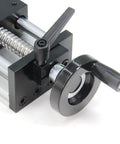 Close-up of 100mm Effective Travel Dual Optical Axis Manual Sliding Table with SFU1605 Ball Screw, Linear Rail Guide and Handwheel.