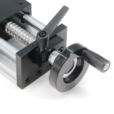 Close-up of 100mm Effective Travel Dual Optical Axis Manual Sliding Table with SFU1605 Ball Screw, Linear Rail Guide and Handwheel.