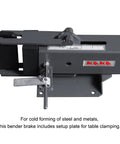 Manual Steel Bending Brake With Four Inch Capacity and 2.5 Ton Press, side view of mounted 90 degree bender with setup plate.