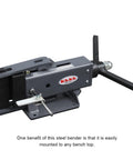 Manual Steel Bending Brake With Four Inch Capacity And 2.5 Ton Press Bench Top Mounted, shown from side view.
